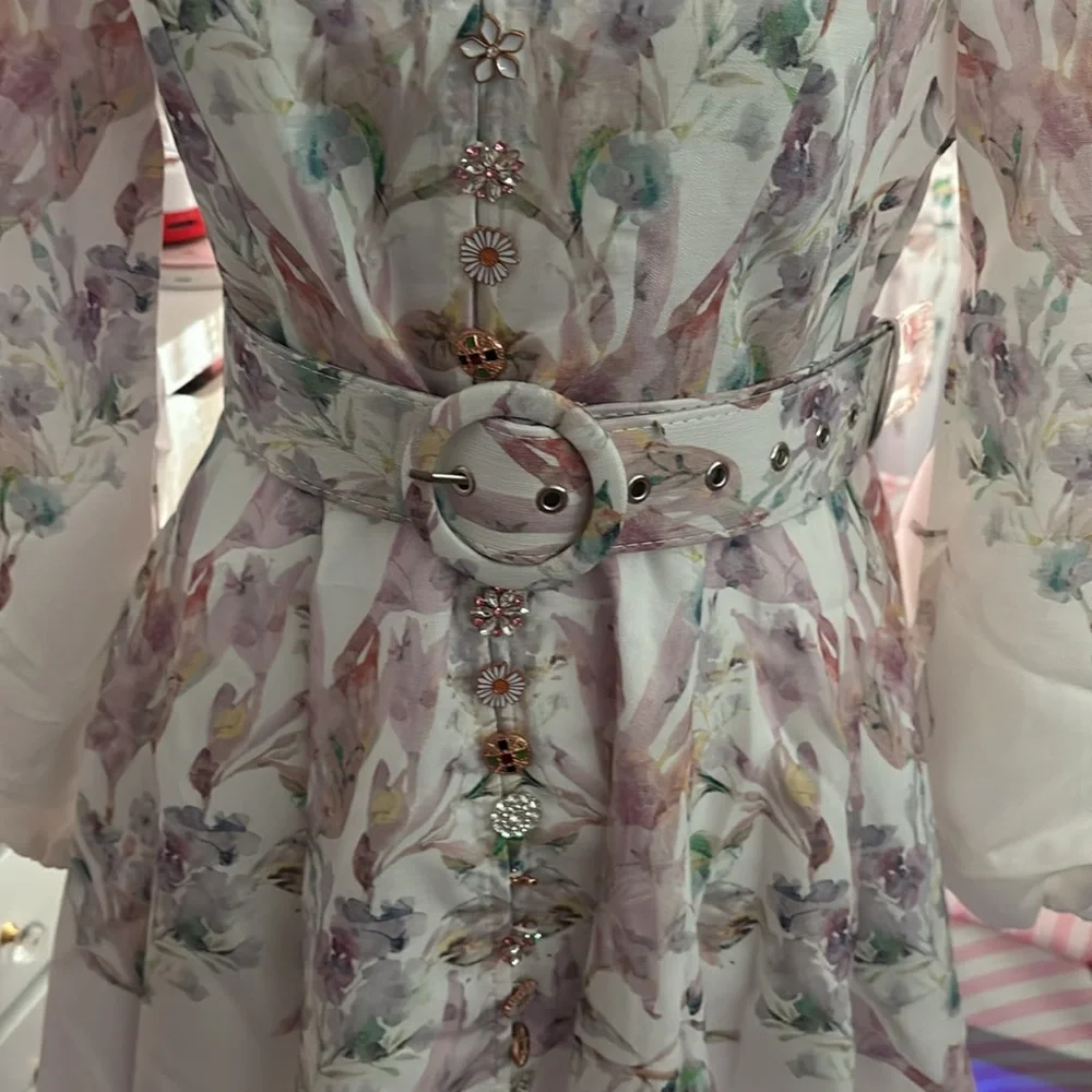 Women's Floral Print Dress Stand Collar Long Sleeve and floral Belt. - Picture 7 of 7